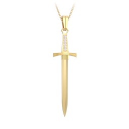 Men's Engravable Sword Necklace with Accent Stones in 9K Solid Yellow Gold with White Premium Zirconia