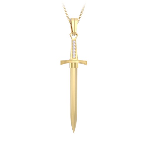 Men's Engravable Sword Necklace with Accent Stones – 9kt Yellow Gold with White Premium Zirconia