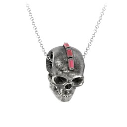 Men's Skull Necklace with Baguette Gemstone Mohawk in 925 Sterling Silver with Garnet