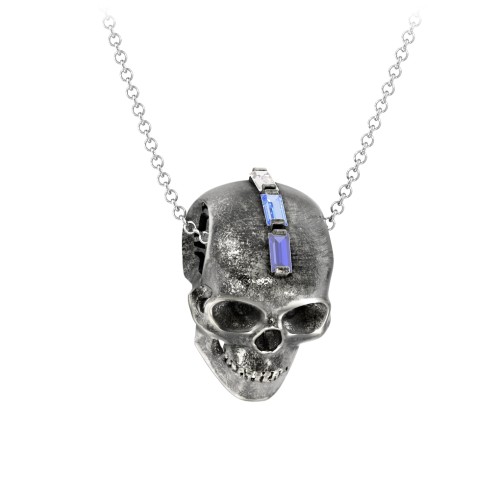 Men's Skull Necklace with Baguette Gemstone Mohawk – Sterling Silver with Blue Sapphire, Blue Topaz, and Cubic Zirconia