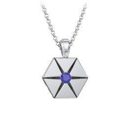Men's Engravable Starburst Hexagon Necklace with Gemstone in 925 Sterling Silver with Blue Sapphire
