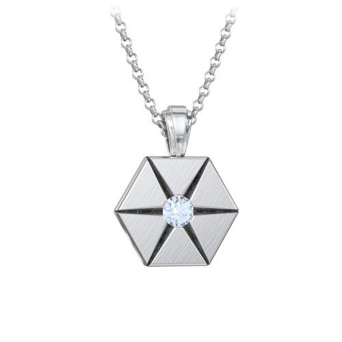 Men's Engravable Starburst Hexagon Necklace with Gemstone – Sterling Silver with Aquamarine