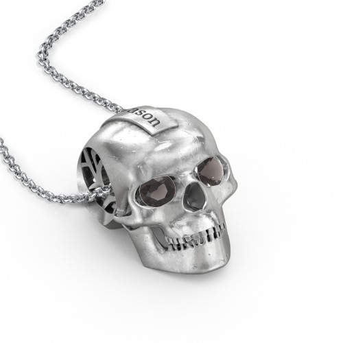 Men's Engravable Skull Necklace with Gemstone Eyes – Sterling Silver with Smokey Quartz