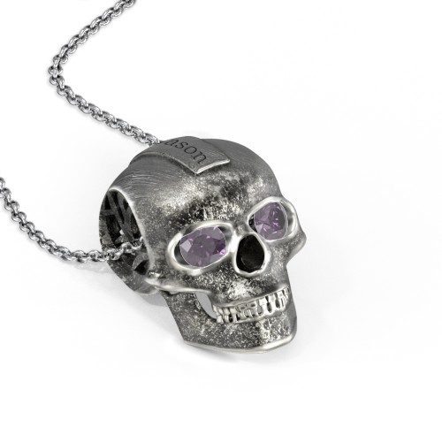 Men's Engravable Skull Necklace with Gemstone Eyes – Sterling Silver with Alexandrite