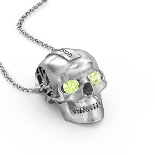 Men's Engravable Skull Necklace with Gemstone Eyes – Sterling Silver with Peridot