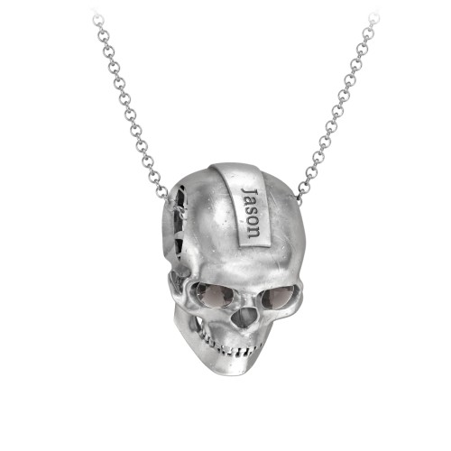 Men's Engravable Skull Necklace with Gemstone Eyes – Sterling Silver with Smokey Quartz