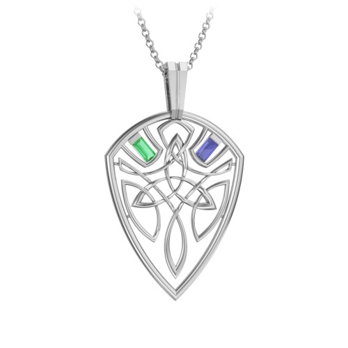 Men's Celtic Shield Necklace with Baguette Gemstones – Sterling Silver with Emerald and Blue Sapphire