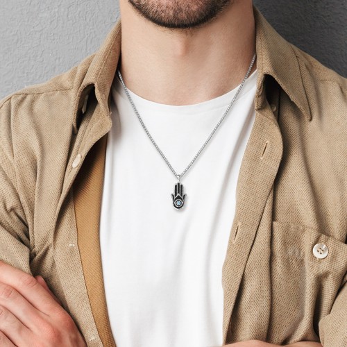 Men's Engravable Hamsa Gemstone Necklace with Cold Enamel – Sterling Silver with Citrine