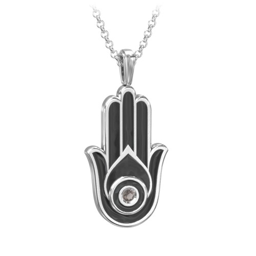 Men's Engravable Hamsa Gemstone Necklace with Cold Enamel – Sterling Silver with Smokey Quartz