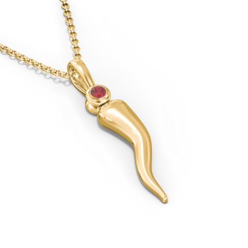 Men's Italian Horn Necklace with 2 Birthstones – 9kt Yellow Gold with Garnet and Emerald