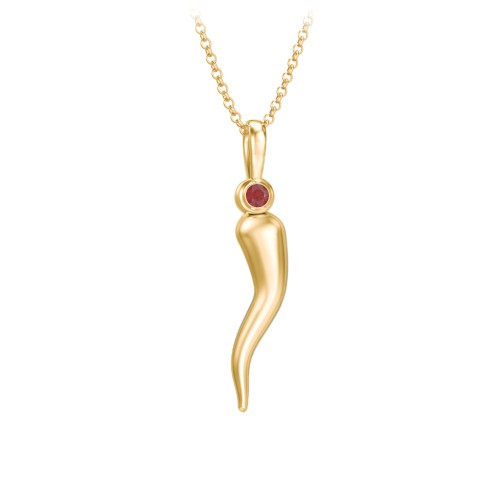 Men's Italian Horn Necklace with 2 Birthstones – 9kt Yellow Gold with Garnet and Emerald