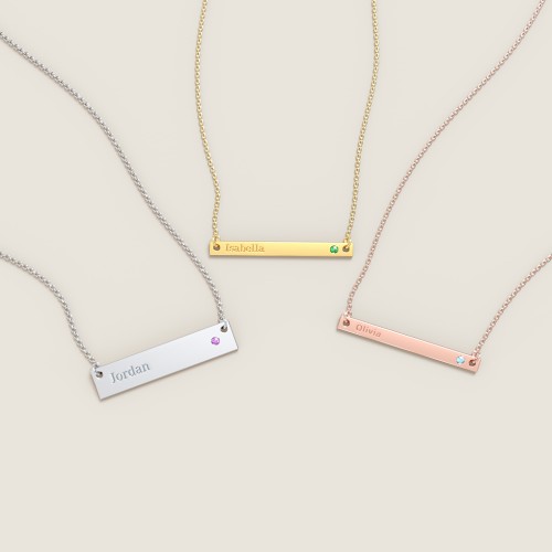 Birthstone Name Bar Pendant – Sterling Silver with Cubic Zirconia