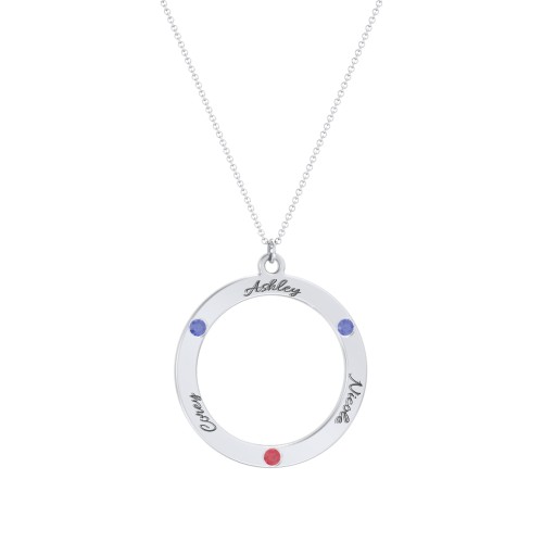 Circle Birthstone Pendant – Sterling Silver with Blue Sapphire and Garnet
