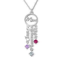 A Mother's Dream Name Necklace in 925 Sterling Silver with Amethyst, Cubic Zirconia, and Ruby