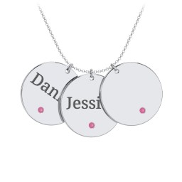 Engravable 3 Disc Pendant with Birthstone in 925 Sterling Silver with Ruby and Blue Topaz