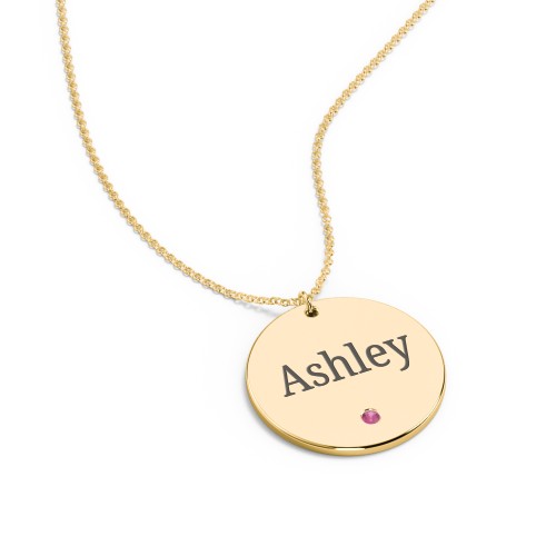Engravable Disc Pendant with Birthstone – 18K Gold Plated Silver with Ruby