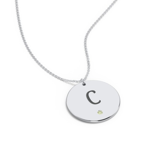 Engravable Disc Pendant with Birthstone – Sterling Silver with Peridot