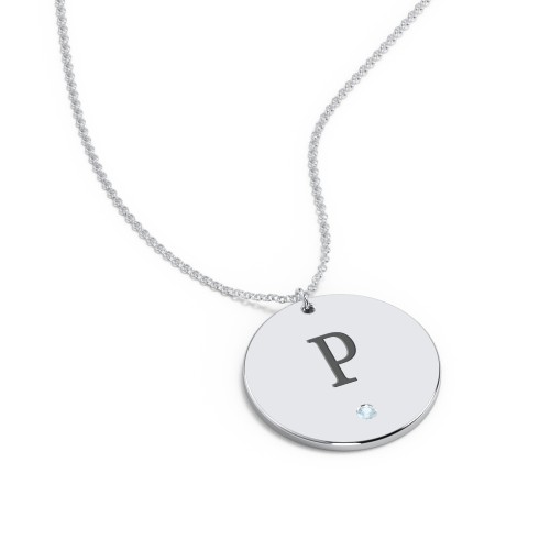 Engravable Disc Pendant with Birthstone – Sterling Silver with Blue Topaz