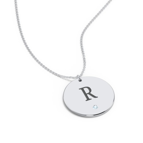 Engravable Disc Pendant with Birthstone – Sterling Silver with Blue Topaz