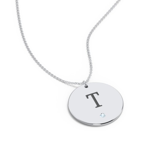Engravable Disc Pendant with Birthstone – Sterling Silver with Blue Topaz