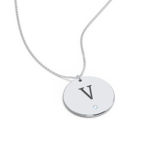 Engravable Disc Pendant with Birthstone – Sterling Silver with Blue Topaz