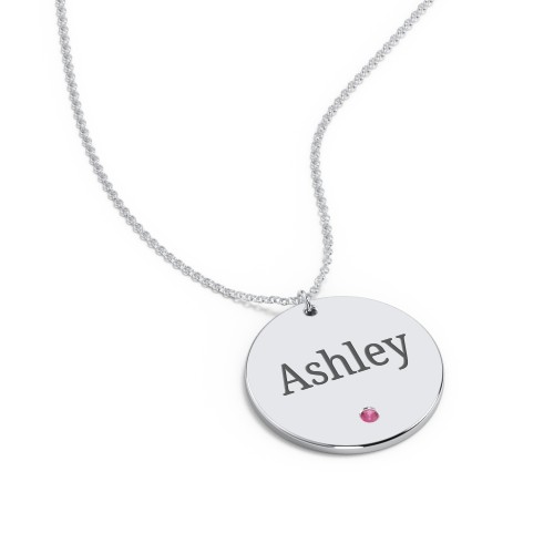 Engravable Disc Pendant with Birthstone – Sterling Silver with Ruby