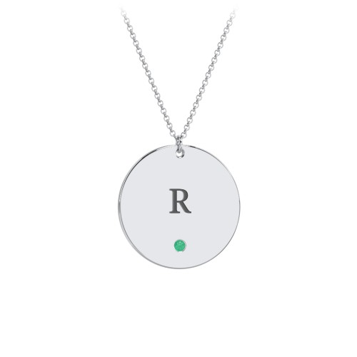 Engravable Disc Pendant with Birthstone – Sterling Silver with Emerald