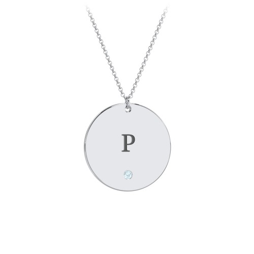 Engravable Disc Pendant with Birthstone – Sterling Silver with Blue Topaz