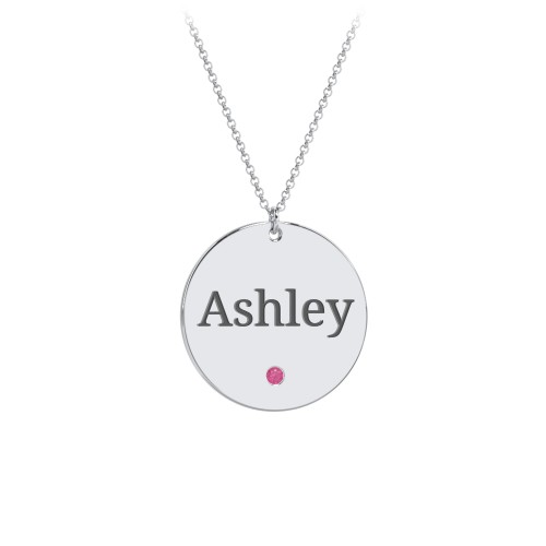 Engravable Disc Pendant with Birthstone – Sterling Silver with Ruby