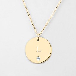 Birthstone L Initial Disc Pendant in 9K Solid Yellow Gold with Cubic Zirconia