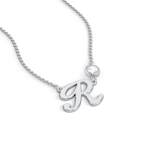 Initial Letter Necklace – Sterling Silver with Aquamarine