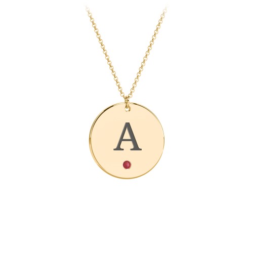Birthstone Initial Disc Pendant – 18K Gold Plated Silver with Garnet
