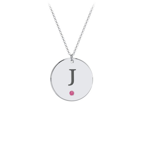 Birthstone Initial Disc Pendant – Sterling Silver with Ruby