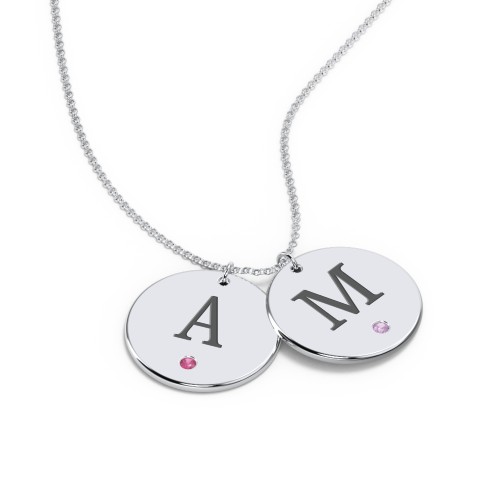 Birthstone Initial 2 Disc Pendant – Sterling Silver with Ruby and Amethyst