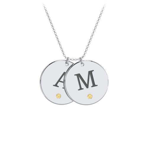 Birthstone Initial 2 Disc Pendant – Sterling Silver with Citrine
