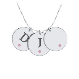 Birthstone Initial 3 Disc Pendant in 925 Sterling Silver with Pink Tourmaline and Blue Topaz