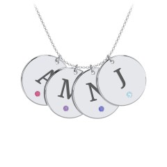 Birthstone Initial 4 Disc Pendant – Sterling Silver with Ruby, Amethyst, Blue Sapphire, and Blue Topaz