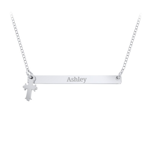 Engravable Bar Pendant with Cross Charm – Sterling Silver