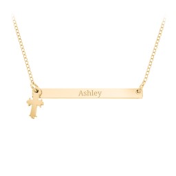 Engravable Bar Pendant with Cross Charm in 9K Solid Yellow Gold