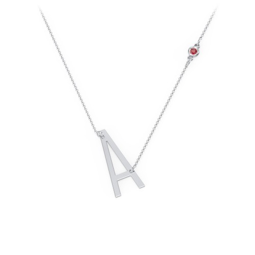 Asymmetrical Initial Necklace with Gemstone – Sterling Silver with Garnet