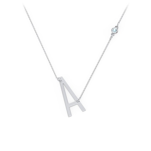 Asymmetrical Initial Necklace with Gemstone – Sterling Silver with Blue Topaz