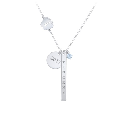 Milestone Necklace with Baby Feet Charm – Sterling Silver with Aquamarine