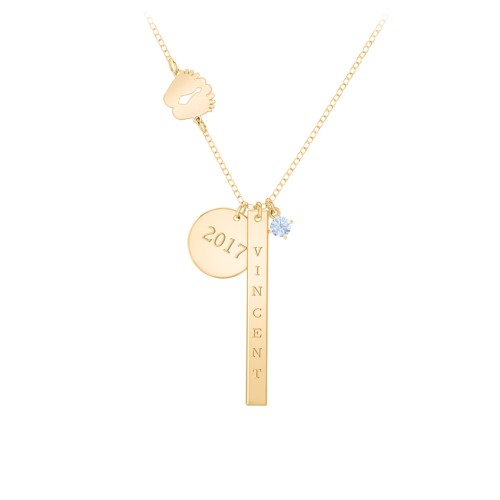 Milestone Necklace with Baby Feet Charm – 9kt Yellow Gold with Aquamarine