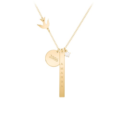 Milestone Necklace with Bird Charm – 9kt Yellow Gold with Cubic Zirconia