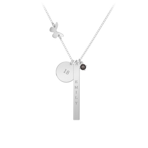 Milestone Necklace with Butterfly Charm – Sterling Silver with Smokey Quartz