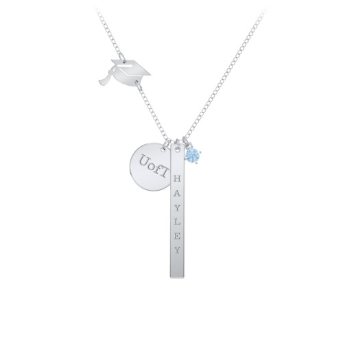 Milestone Necklace with Graduation Hat Charm – Sterling Silver with Blue Topaz