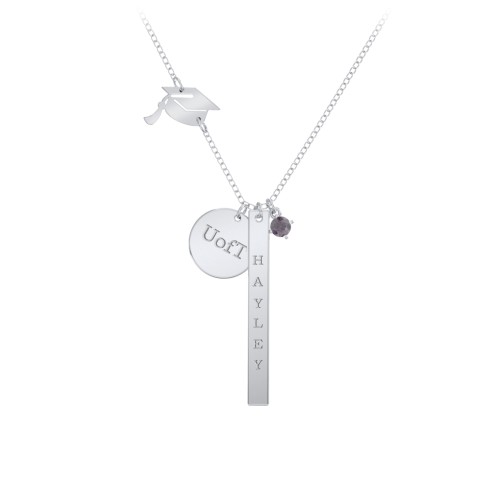Milestone Necklace with Graduation Hat Charm – Sterling Silver with Alexandrite