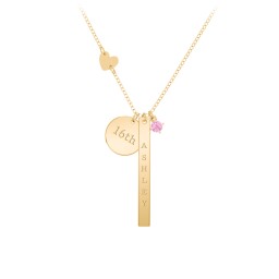 Milestone Necklace with Heart Charm in 9K Solid Yellow Gold with Pink Tourmaline