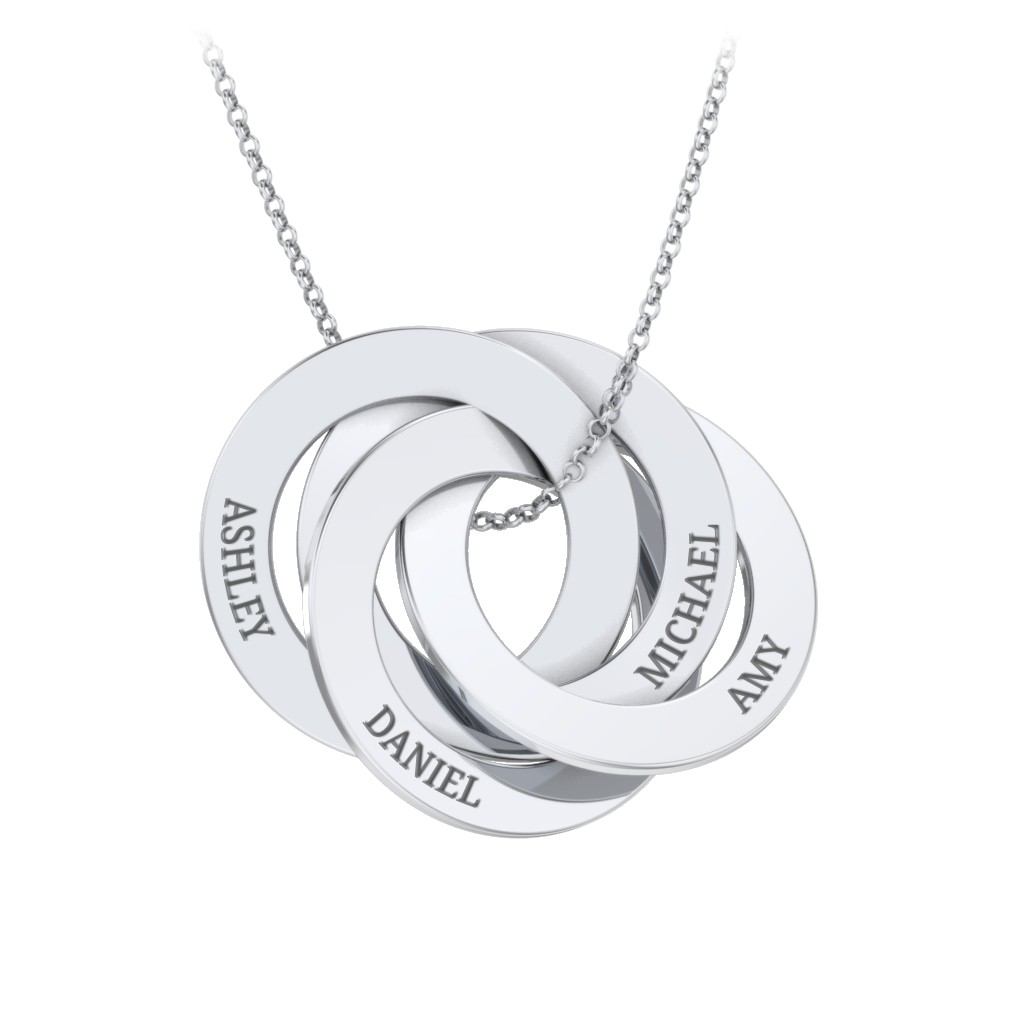 Sterling Silver Engraved 4 Interlocking Russian Rings Necklace | Jewlr