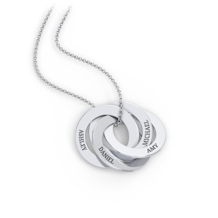 Sterling Silver Engraved 4 Interlocking Russian Rings Necklace | Jewlr
